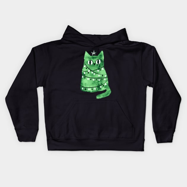 Watercolor green Christmas cat Kids Hoodie by kostolom3000